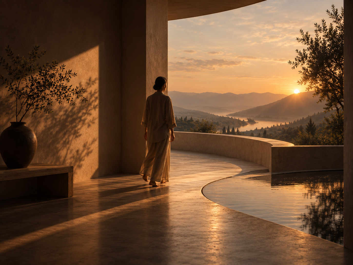 Figura davanti a un percorso curvo al tramonto, immagine del gesto che cambia direzione senza perdere la propria misura