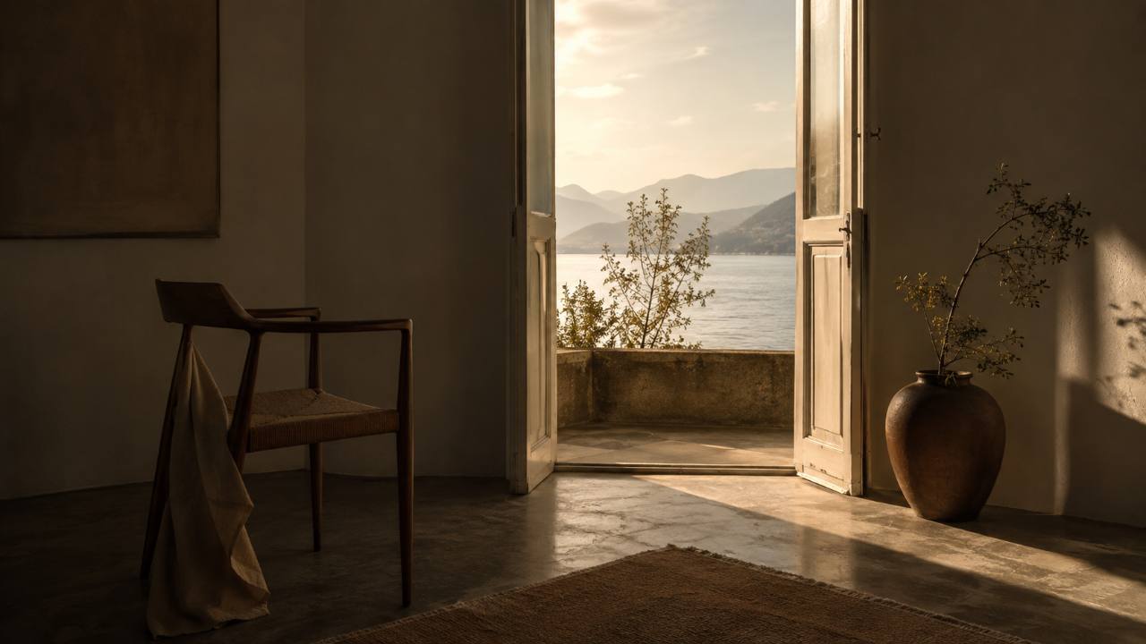 Porta aperta verso il paesaggio, immagine del gesto che sa ritirarsi dopo aver aperto uno spazio