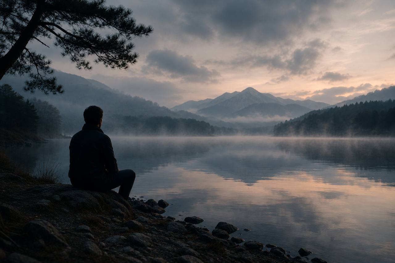 Persona seduta sulla riva di un lago al tramonto, davanti a montagne e acqua calma