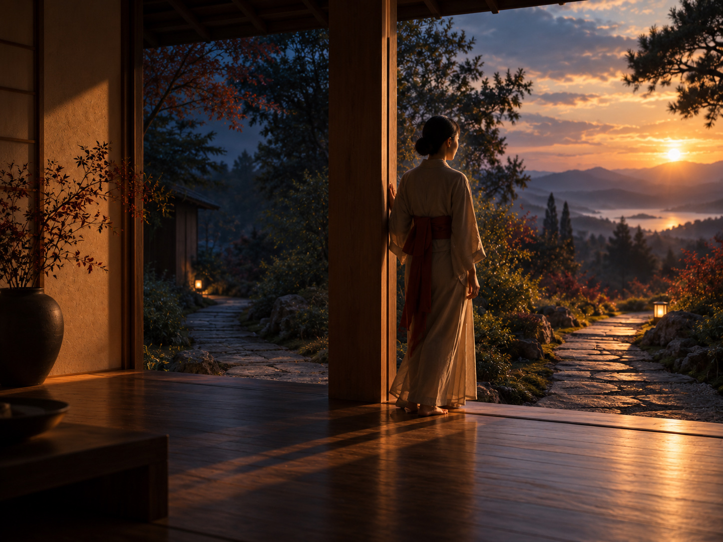 Figura sulla soglia tra due sentieri al tramonto, immagine delle possibilità che ogni scelta include o lascia fuori