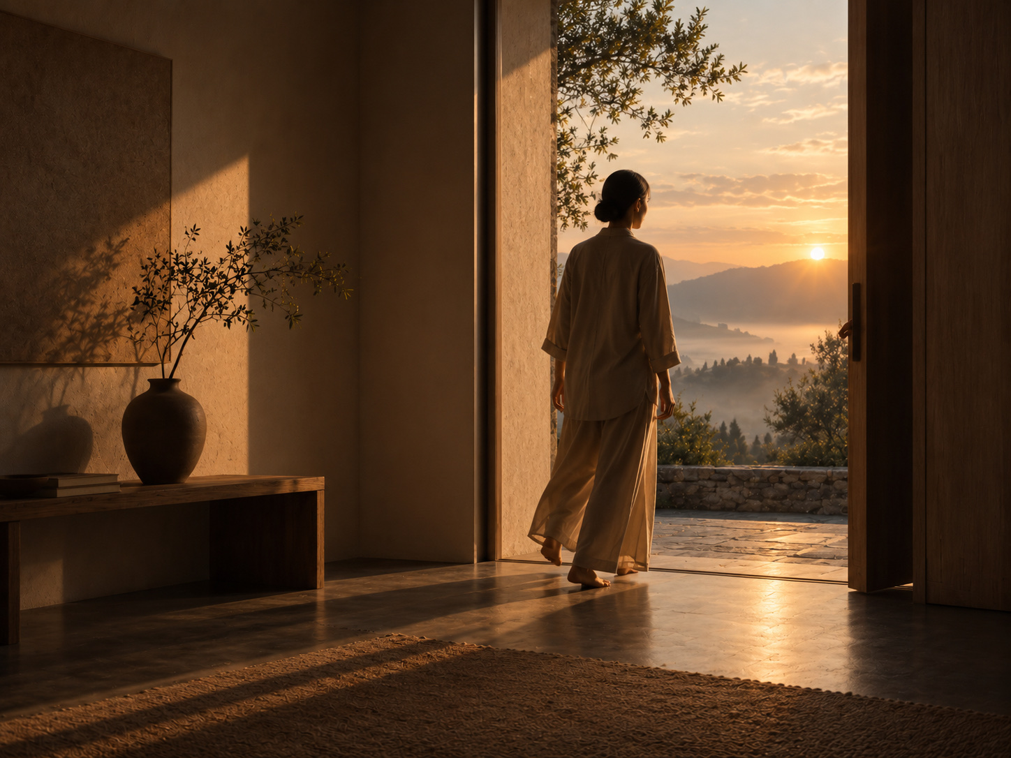 Figura che attraversa una soglia al sorgere del sole, immagine del gesto che precede il pensiero