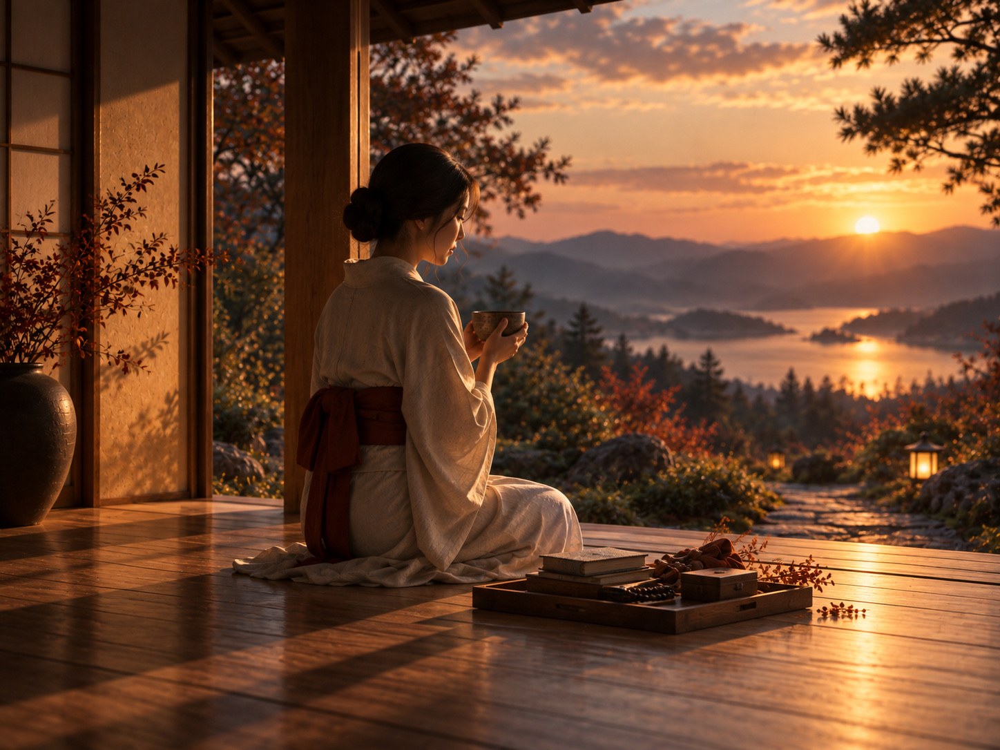 Donna con una tazza sulla veranda al tramonto, tra libri e oggetti rituali, immagine di misura e rinuncia consapevole